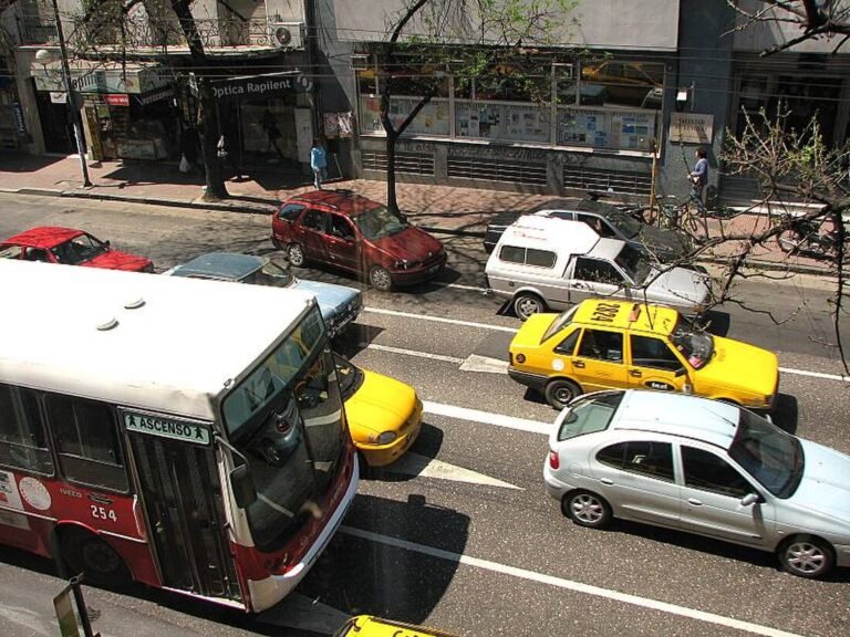 colectivos urbanos transitando en ciudad argentina