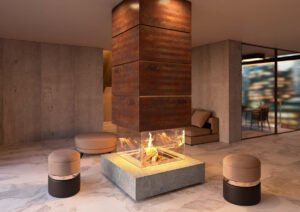 estufa de lena moderna en sala acogedora