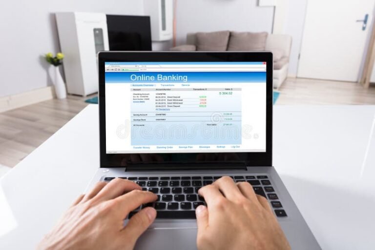 persona usando computadora con pantalla de banca online