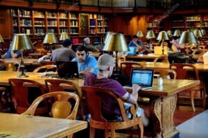 personas usando computadora en biblioteca publica