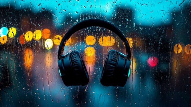 reloj con auriculares y fondo urbano nocturno