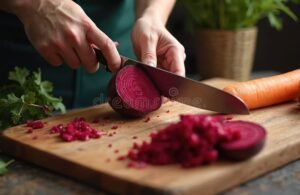 remolachas frescas con cuchillo y tabla madera